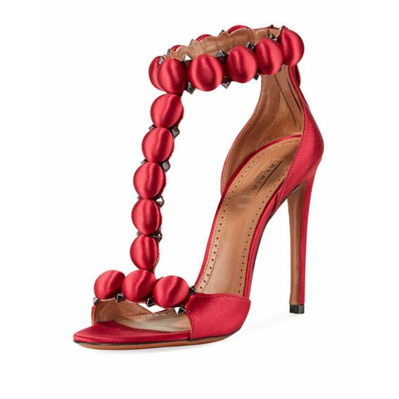 Alaia Bombe 110 Red Rouge Pompei Satin Ankle T Strap Studded Sandal Heel Pump 36 - Picture 3 of 7